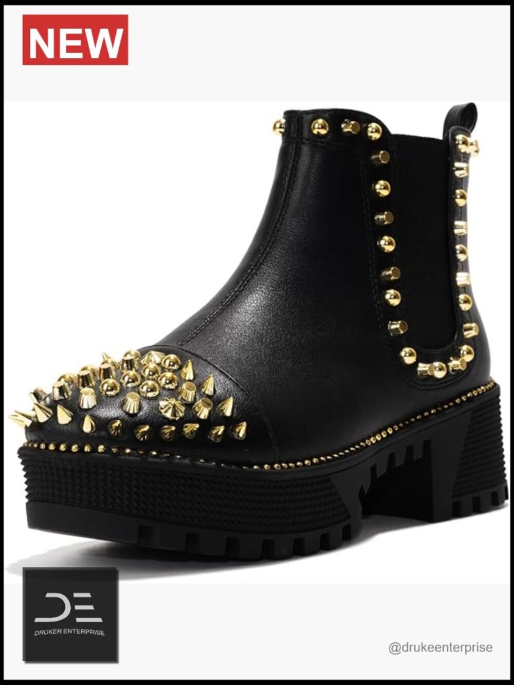 Spiky Platform Combat Boots with Studs and Rhinestones, Pull-On